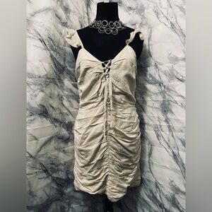 MINKPINK Cream Bodycon Mini Dress with Ruched Texture and Spaghetti Straps